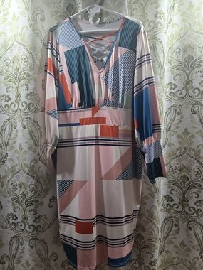 SHEIN Pink, Blue & Coral Geometric Midi Dress with V-Neck